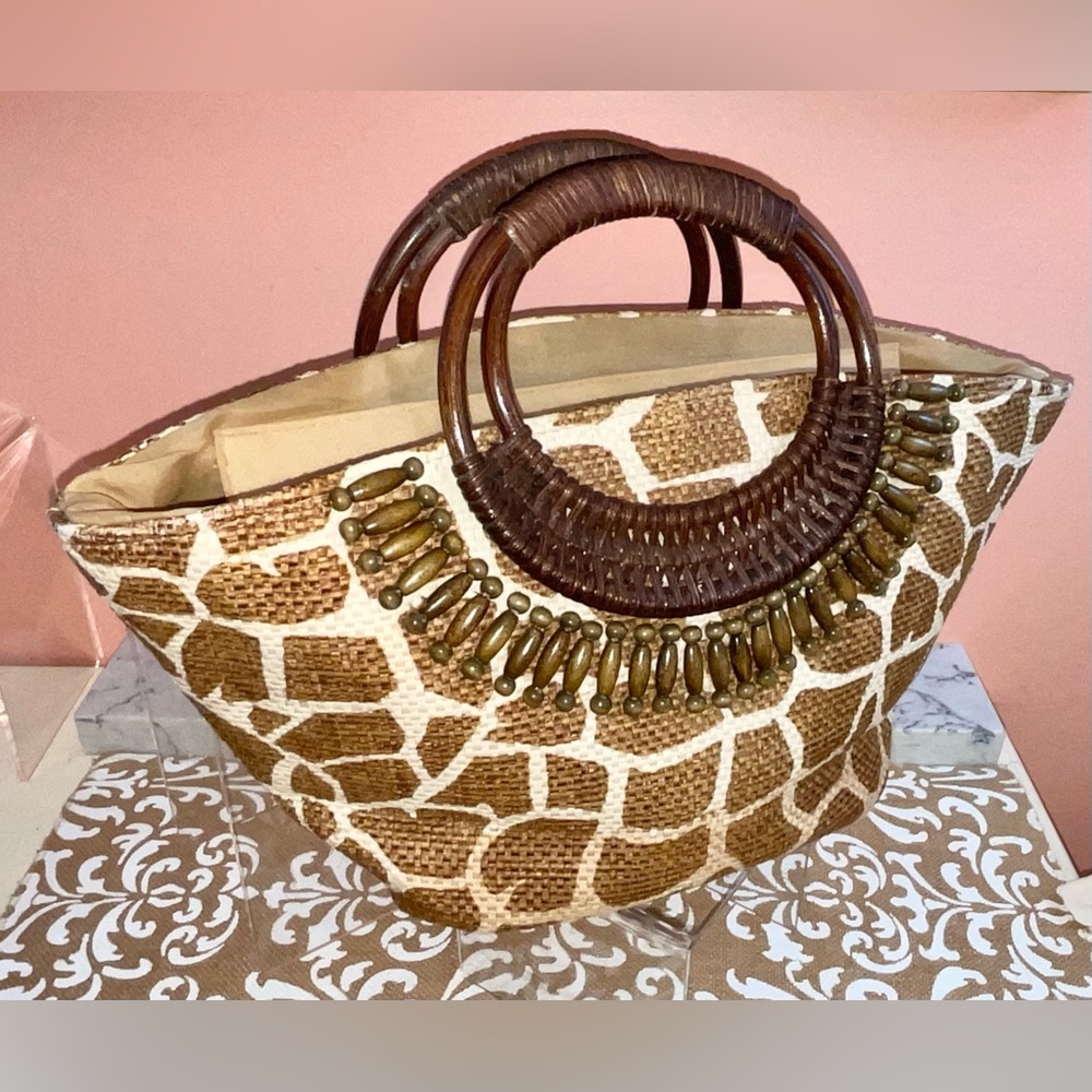 Cappelli Straworld Giraffe Print 100% Paper Tote Bag Zip Closure RN31905 7x9x9